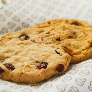 About Snackit Close-up of tasty cranberry cookies on patterned paper, ideal for bakery design.